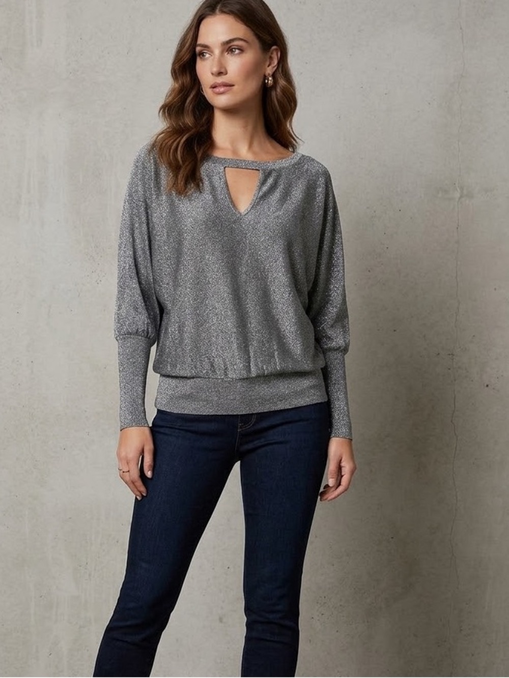 Milly Gray & Silver Metallic Glitter Knit Long Dolman Sleeve Shirt Top